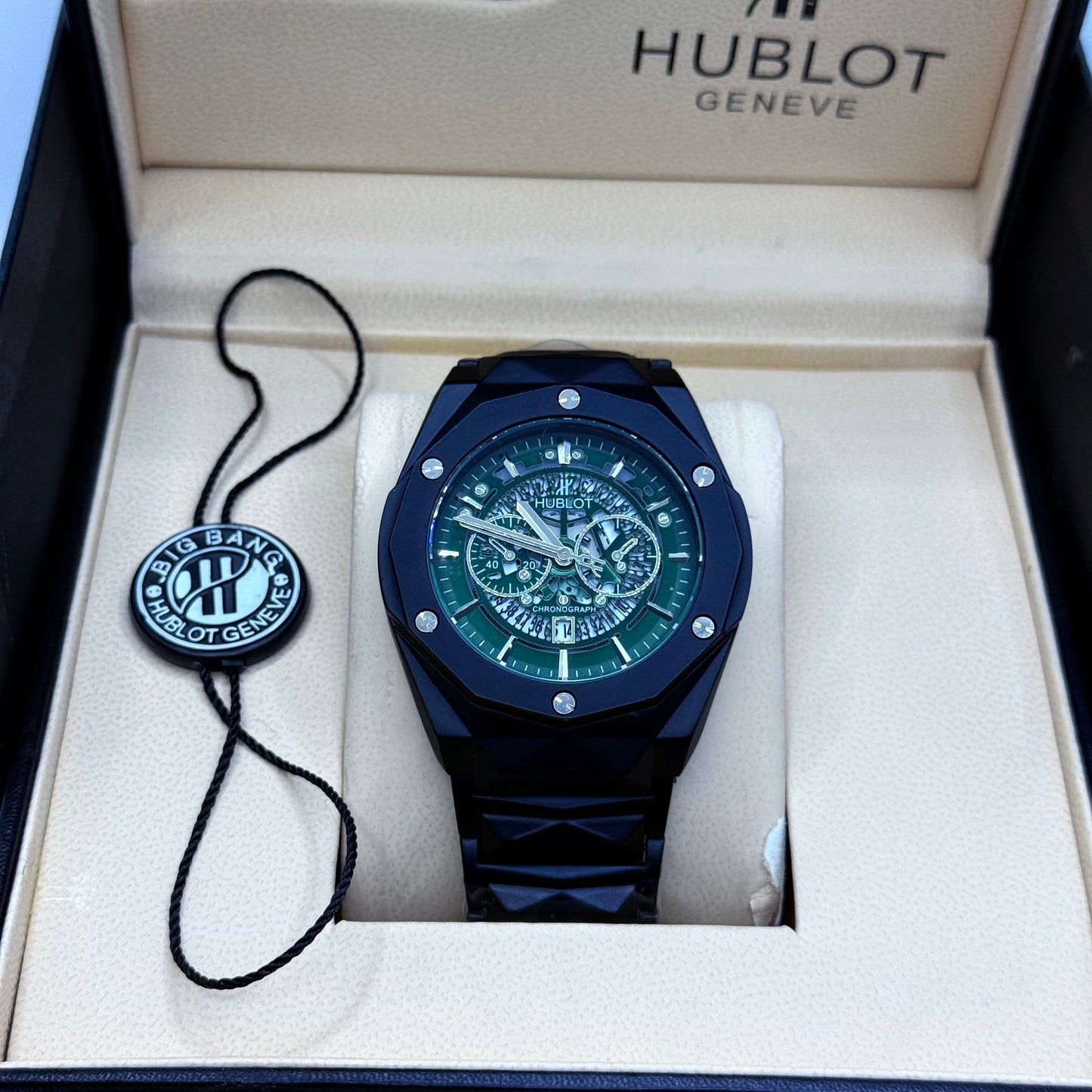 Hublot diamond cut black with green scelton dial