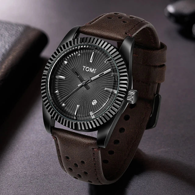 TOMI T-098 Men's Watch Date Quartz Round Shape Dial Leather Straps
